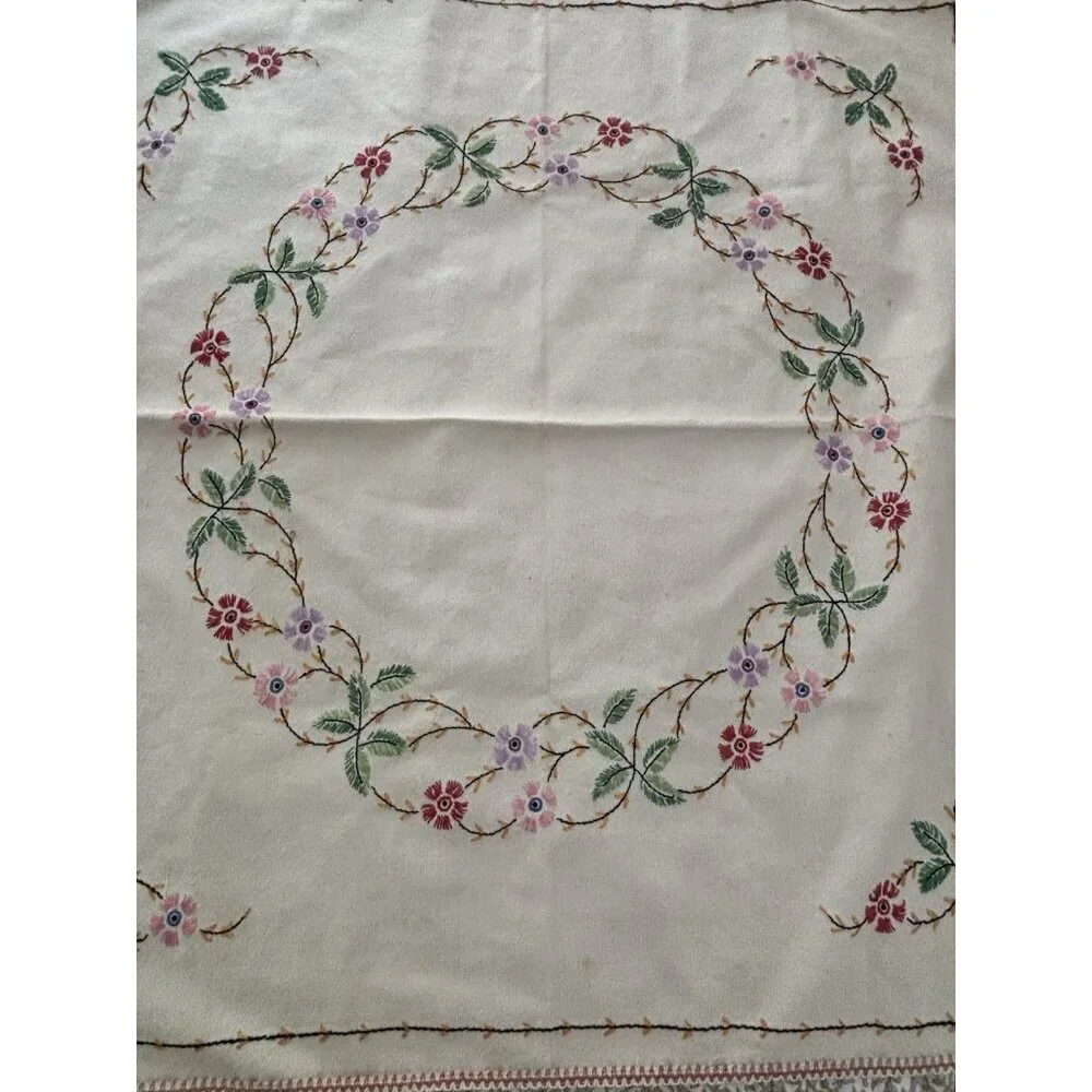 Vintage Hand Embroidery Cotton Table Cloth Floral 37x34” Square Ivory